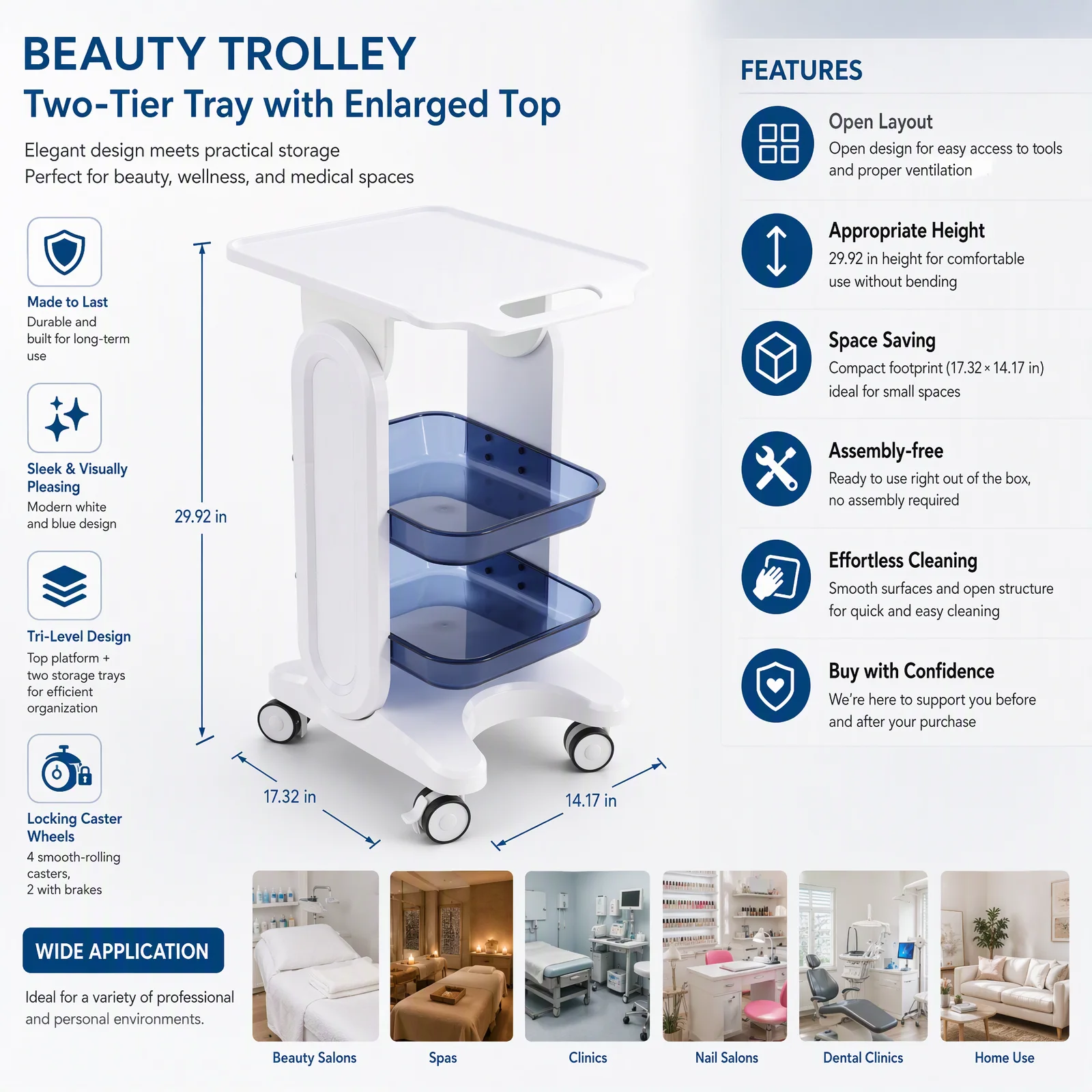 Medical Cart Beauty Salon Storage Cart 3-Tier Rolling Trolley with Wheels & Brakes, PC Organizer for Beauty Tools, 132.28lbs Load, White Blue