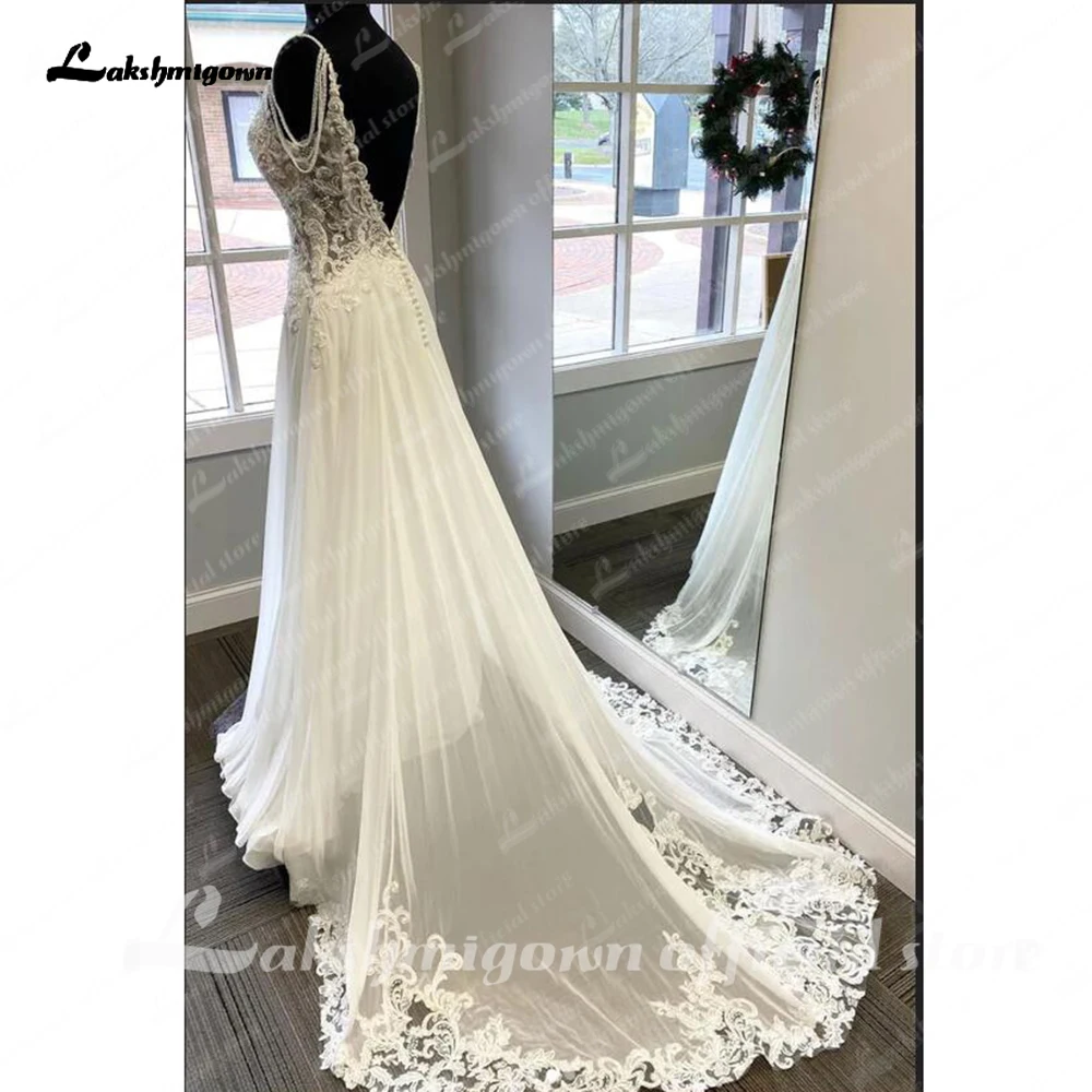 Lakshmigown Chiffon Spaghetti Straps Lace Boho Wedding Dress for Women 2024 V Neck Beads Bridal Gown batas de novia para boda