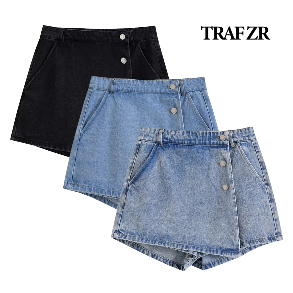 

TRAF ZR Denim Hot Pants One Piece High Street Skort with Belt Loops Women's Front Wrap Shorts Y2k Casual Mini Jorts Jean Shorts