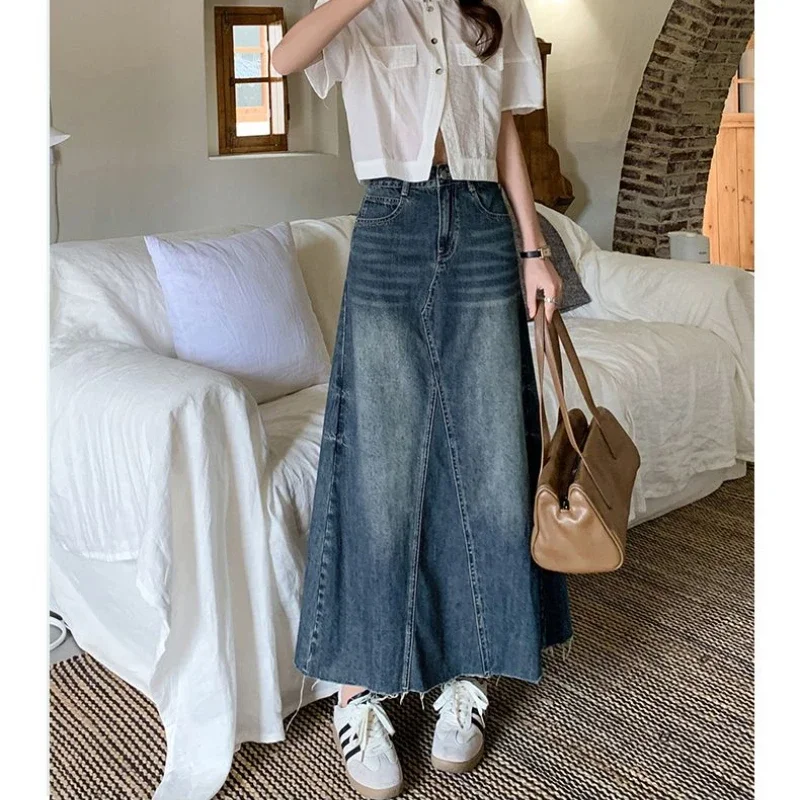 Vintage Blue High Waist Denim Skirt with Korean Style Design and Back Slit Mid-length Skirt