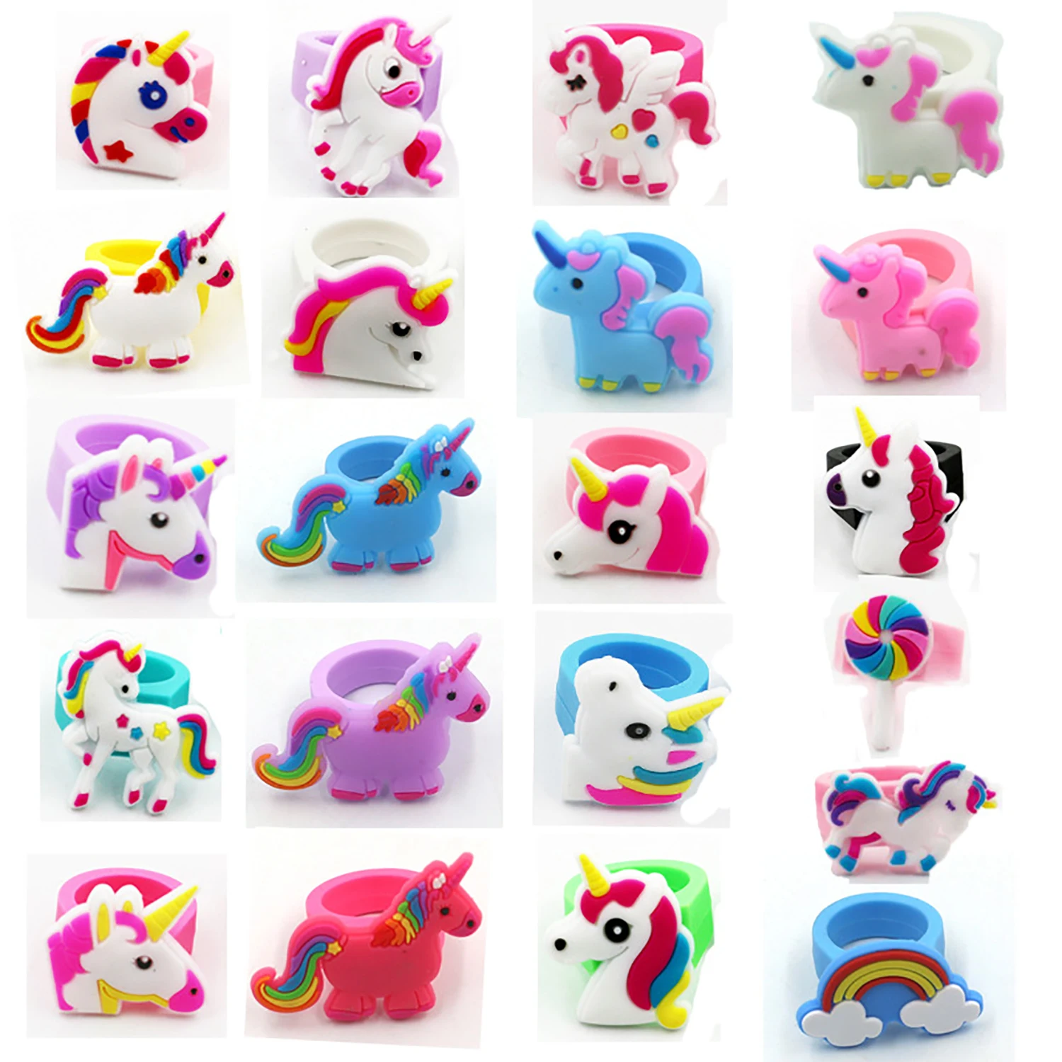 10Pcs Children\'s Cartoon Unicorn Ring PVC Soft Rubber Finger Ring Rainbow Toy Kids Themed Birthday Party Favors Prizes Toys