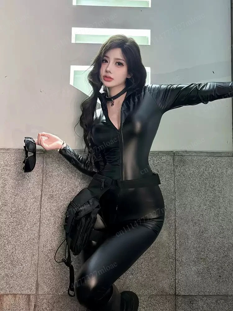 Sexy patent leather onesie black agent uniform plus size, Catwoman cos nightclub queen uniform tights leather jacket