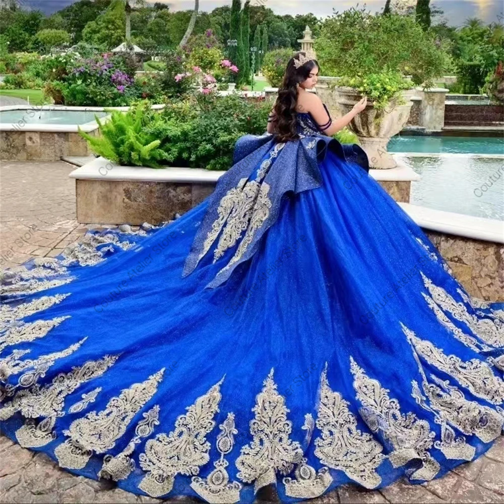 ゴールドのアップリケが付いた豪華なロイヤルブルーのドレス,誕生日パーティーや卒業式のための豪華なメキシコのビーズのボールガウン