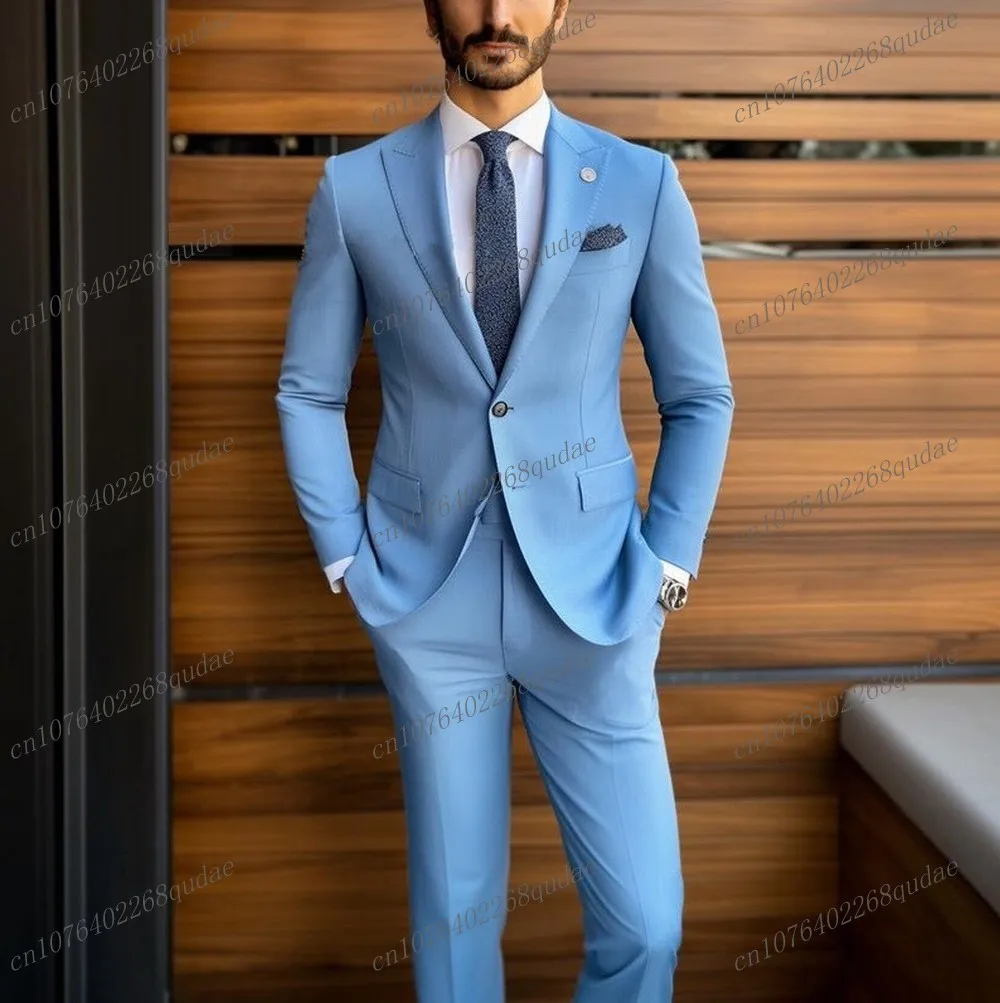 

Sky Blue Men Suit Formal Occasion Wedding Party Groom Suits Groomsman Male Tuxedos Bridegroom Costume 2 Piece Set Blazer Pant