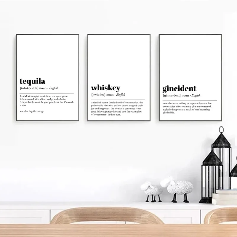 Wine Whiskey Tequila Beer Bourbon Definition Poster Simple Modern Canvas Painting Print Wall Picture for Kitchen Bar Cart Decor