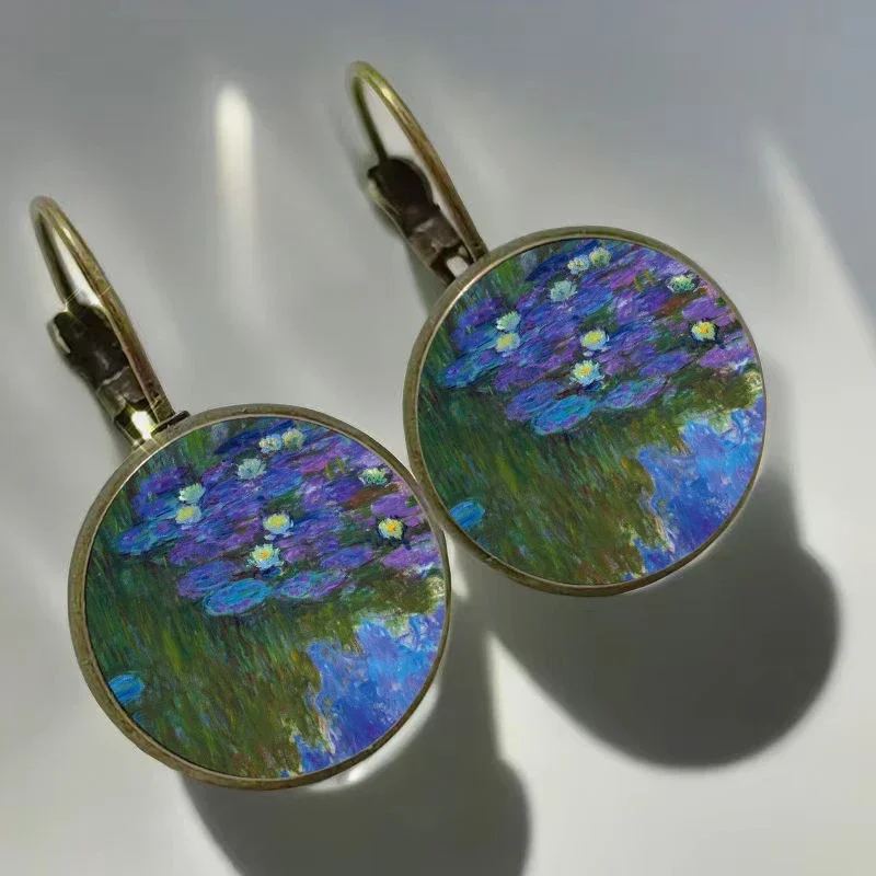 Monet Painting Earrings Monet Water Lily  Blue Oil Painting Art glass earrings Fashion Retro Women\'s Jewelry Earrings