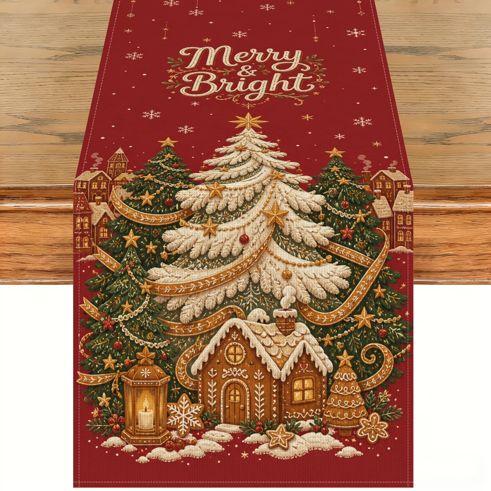 Dining Table Runner Festive Lettering Christmas Tree Table Runner Merry & Bright Table Runner Snowflake Print For Dining Room