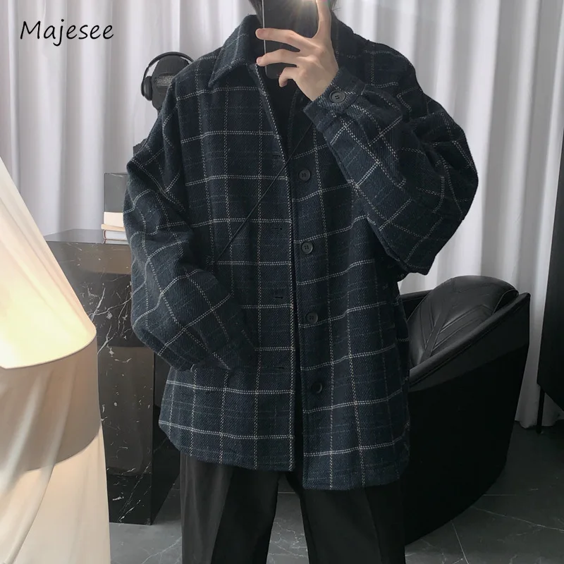 

Plaid Blends Men Handsome Elegant Loose Turn-down Collar Simple Stylish Korean Style Autumn Winter Daily Prevalent Classic 2023