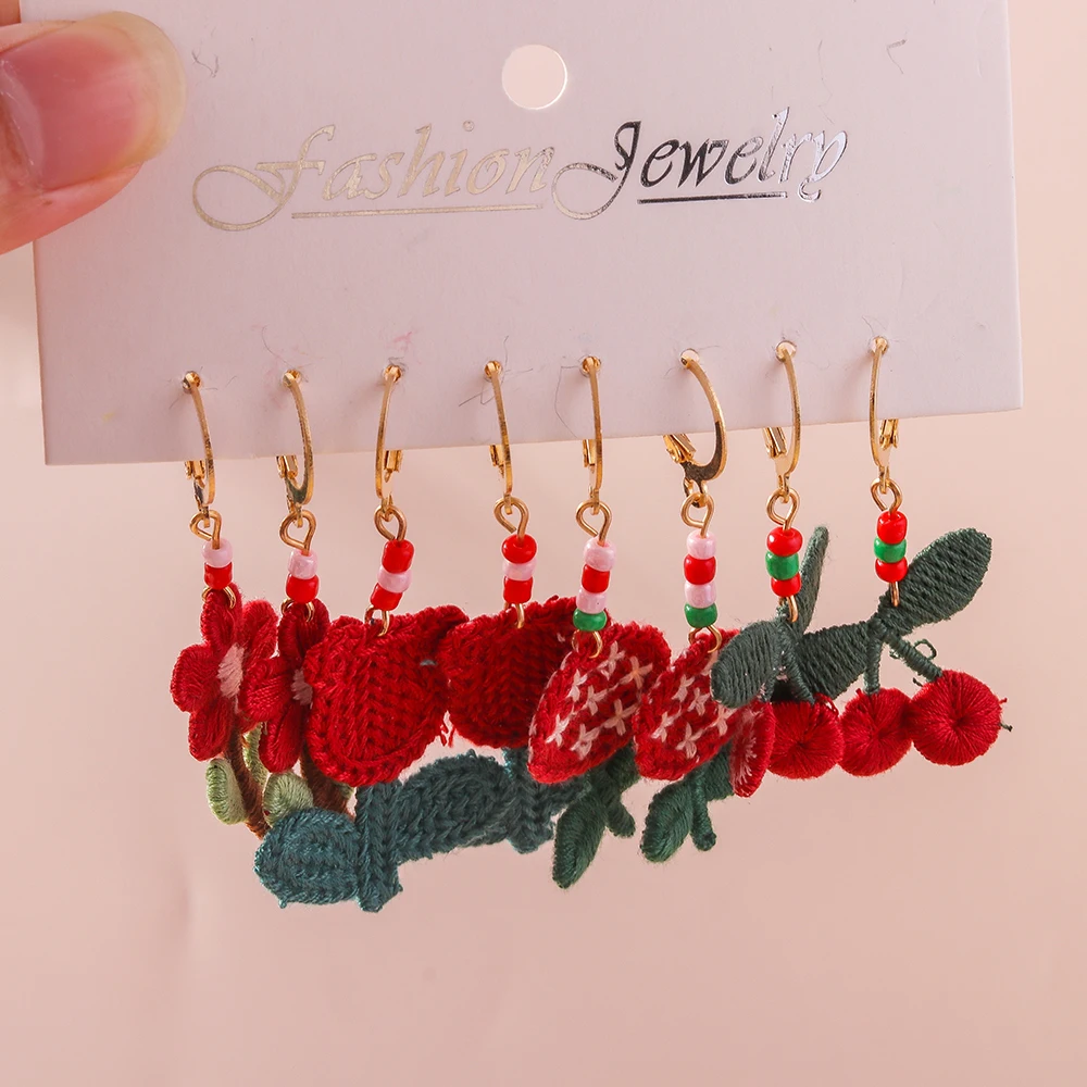 Aihua Red Color Cute Knitted Flower Earrings for Women Girl Handmade Crocheted Flower Rose Earrings Birthday Party Jewelry Gifts