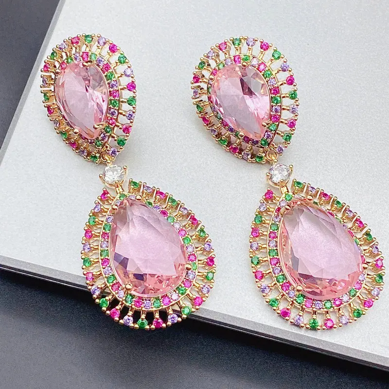 Bilincolor Fashion Cubic Zirconia Pink Earring for Women Wedding