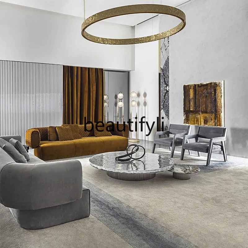 Italian light luxury marble acrylic coffee table round modern stainless steel minimalist edge table