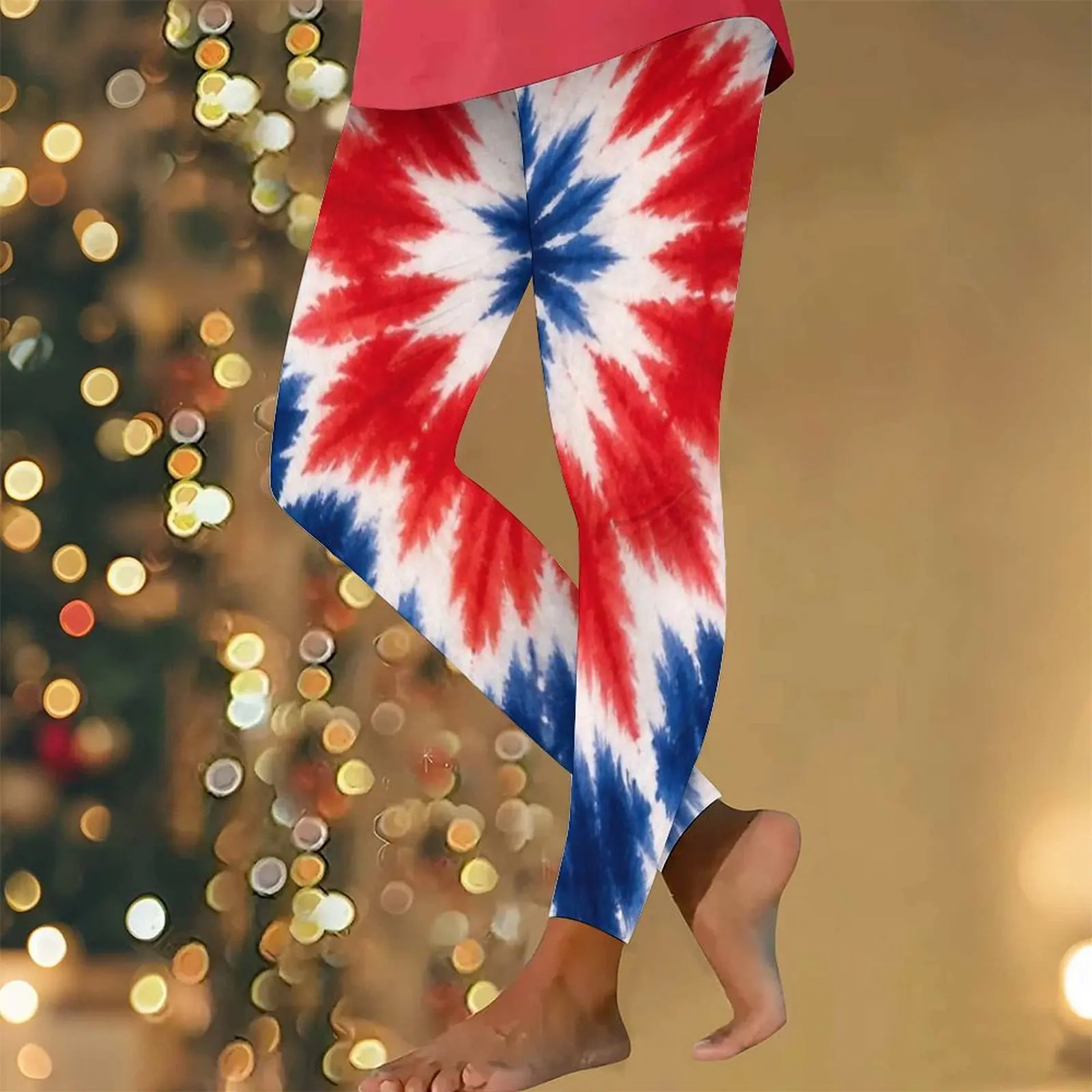 Women Red White Blue Printed Star Circular Dot Full Length Fitted Leggings