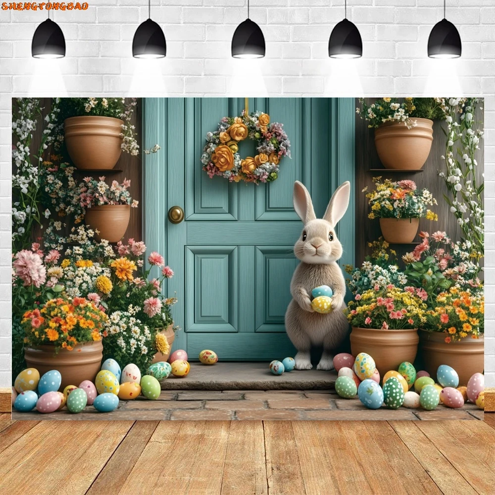 Пасхальный кролик деревянная дверь фон цветы яйца день рождения детский портрет семейная вечеринка фон для фотосъемки фотостудия