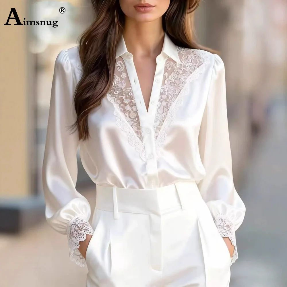 

Women New Summer Office Elegant Party Tops Female Long Sleeves Notched T-Shirt Streetwear Ladies Patchwork Lace Tees Shirt New