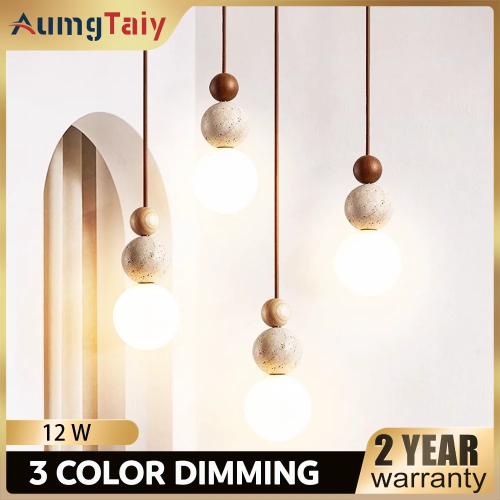 Wabi- Sabi Stone Cream Style Pendant Light Bedside LED Chandelier Wood Lamp for Medieval Restaurant Bar Hanging Lighting