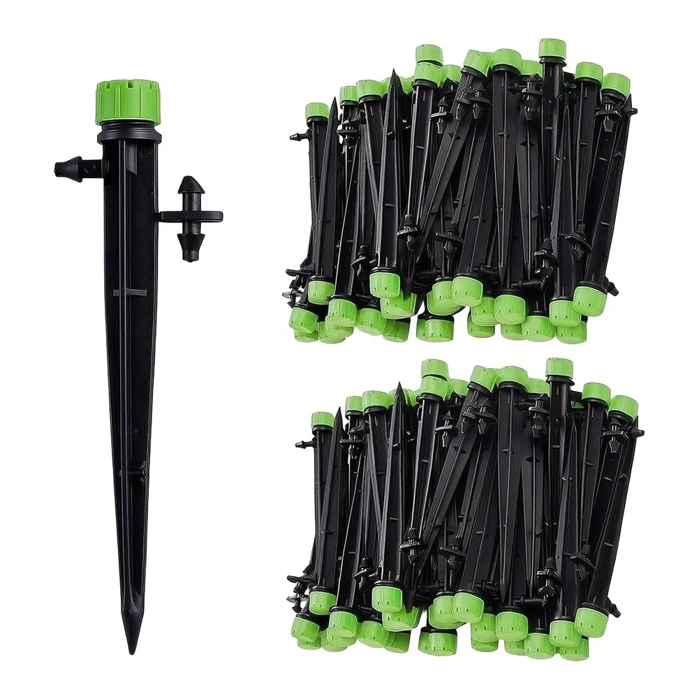 Adjustable 360 Degree Drip Emitters 50 Count with Built-in Single Barb and Removable Double Barb Adapters for Garden Use