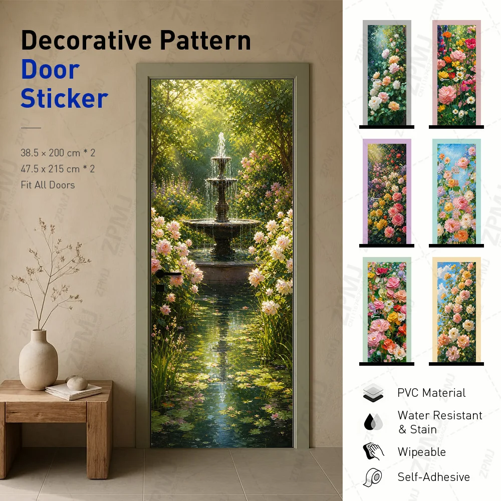 Rose Garden Fountain Door Sticker Waterproof PVC Self-Adhesive Floral Mural Wallpaper Removable Home Decor Living Room Bedroom
