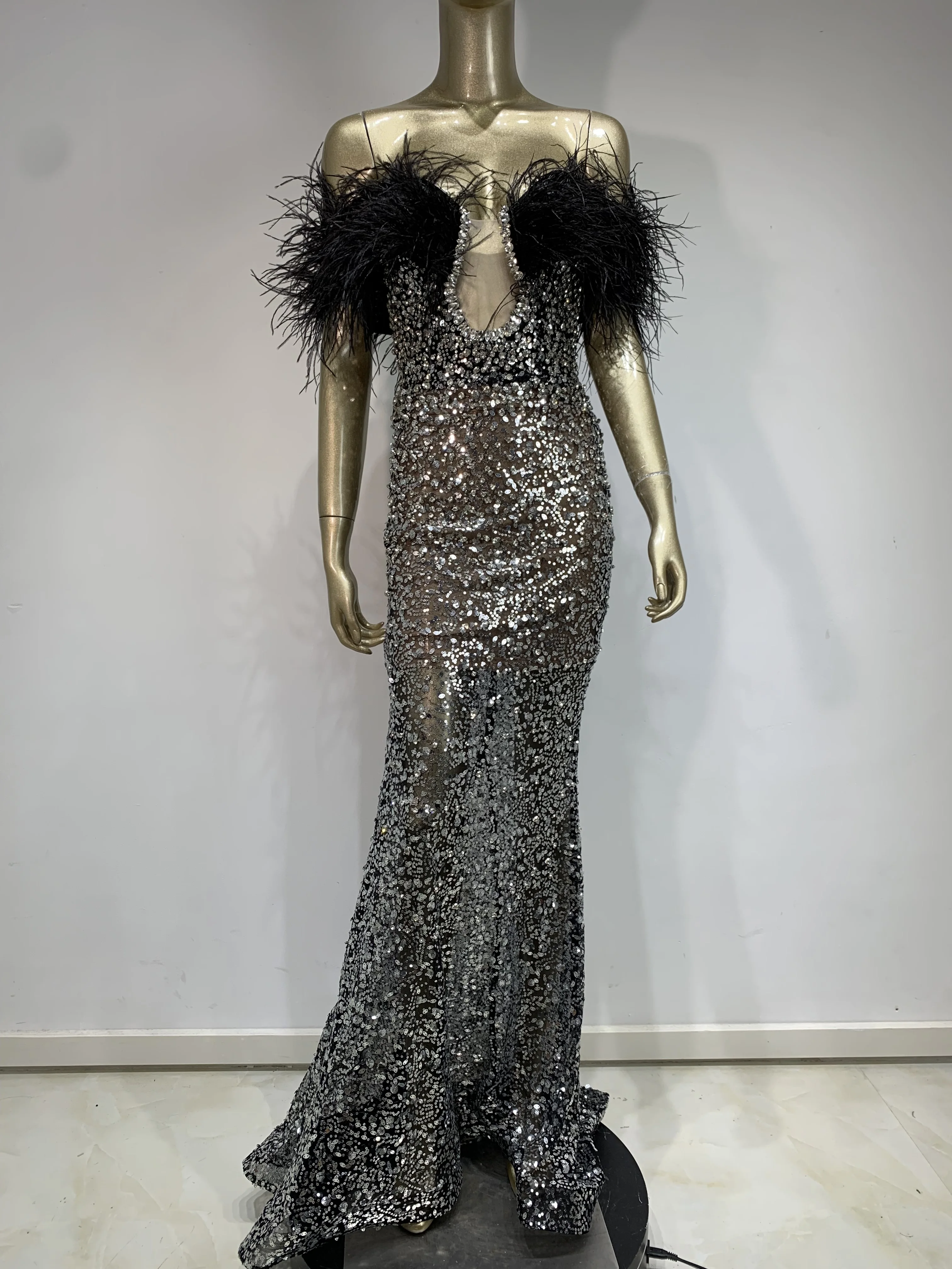 Women Celebrity Sexy Off Shoulder Feather Beading Sequins Maxi Long Gowns Dress 2024 Elegant Evening Party Club Dress Vestido