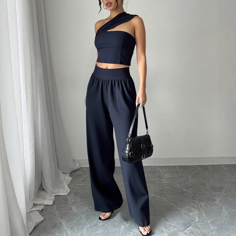 Mia Muse Boutique مجموعات كورية مثيرة عادي بلا أكمام واحدة الكتف الدبابات كامل طول عالية الخصر واسعة الساق مجموعات غير رسمية للنساء