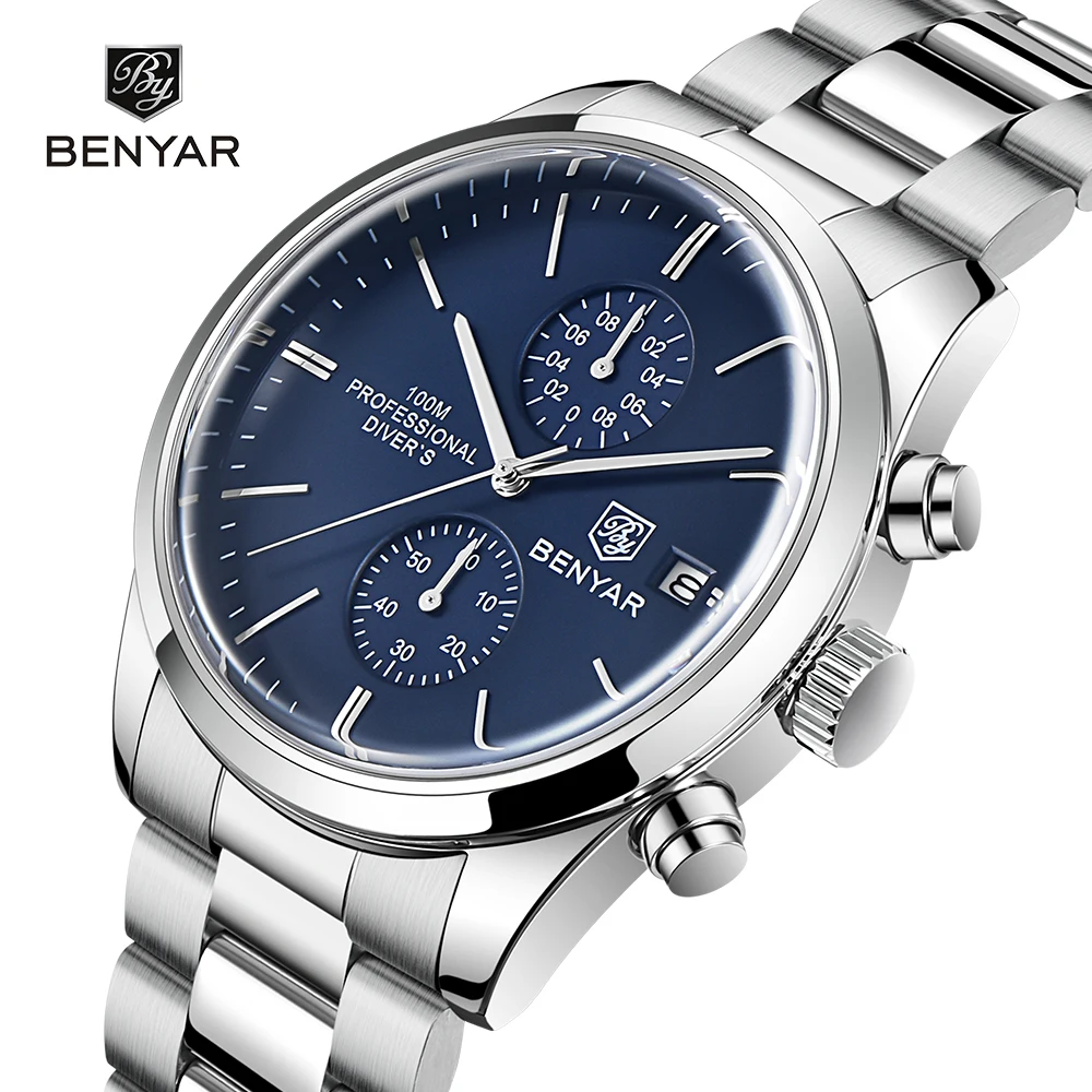 BENYAR Men's Watches 2023 Top Brand Quartz Watch For Men Stainless Steel Waterproof Sports Military Fashion Chronograph Luminous