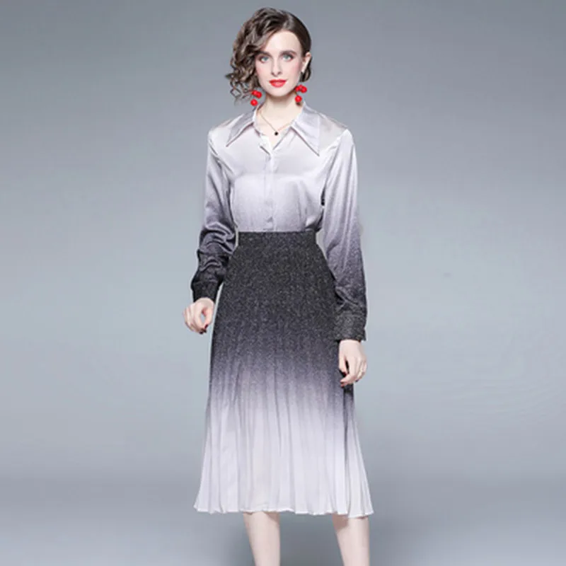 Runway Fashion Autumn 2 Pieces Set Women Lapel Long Sleeve Shirt Tops + High Waist Gradient Printed Pleated Skirt Suit