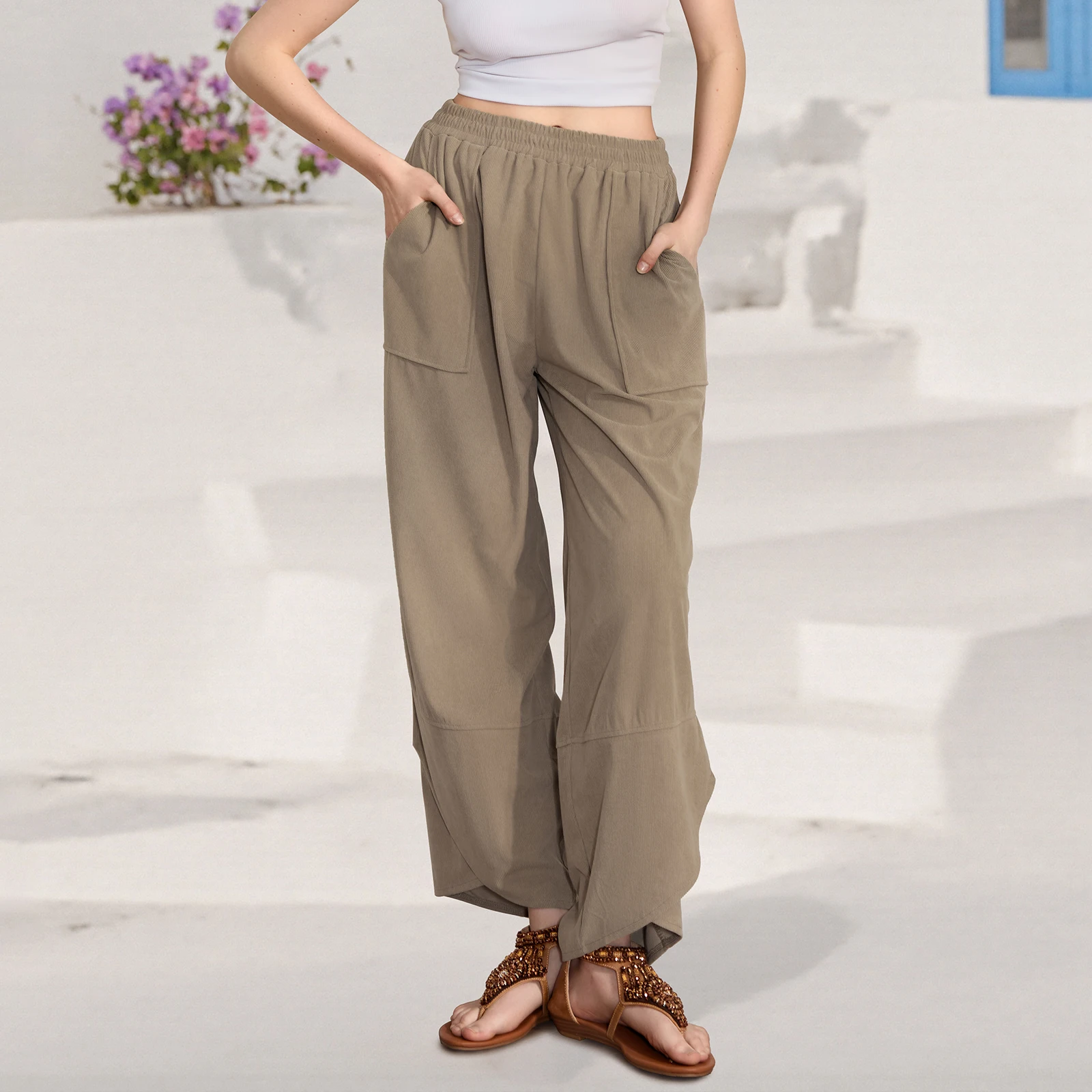 Damskie spodnie do ćwiczeń z kieszeniami, z wysokim stanem, spodnie dresowe do jogi, jednolite, luźne, wygodne spodnie do biegania, na siłownię i do noszenia na co dzień.