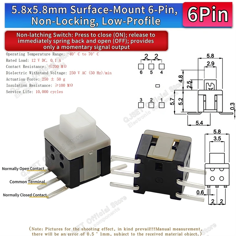 10 Stück 5,8x5,8 7x7 8x8 8,5x8,5mm Selbstverriegelnde/Nicht-verriegelnde Reset-/Multimeter-Taster, Taktiler Mikroschalter, 3/6-Pin Drucktastenschalter – Detail 38
