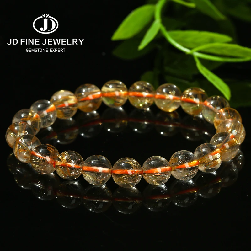 5A Natural Gold Rutilated Quartz 8-9mm Bracelet Lightly Waxed Beaded Stretch Jewelry for Women Men Wealth Chakra Good Luck Gifts