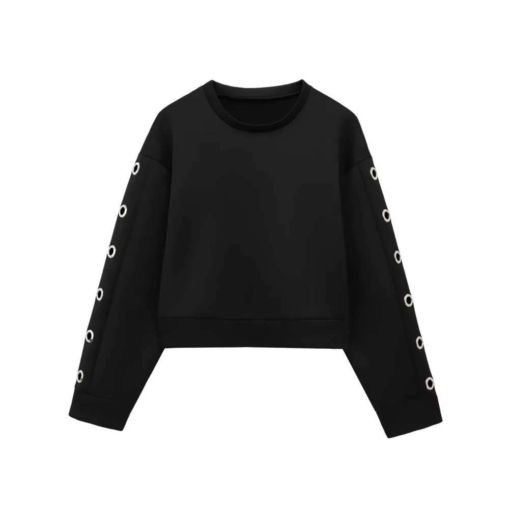 2025 BM&MD&ZA Women's Black Set Round - neck Sweatshirt with Eye - let Detailing on Sleeves Paired with Matching Mini Skirt