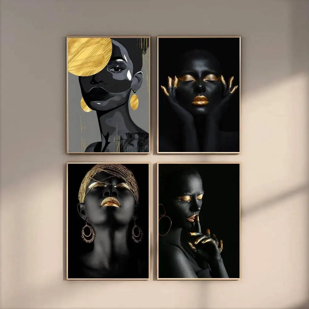 African Art Black And Gold Woman Oil Painting Poster Modern Waterproof HD Wall Art Decal Self-Adhesive Aesthetic Decor for Home - Image 2
