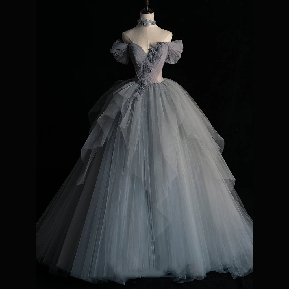 

Textured Grey Evening Dreses Floral Appliques A-Line Prom Ball Gown Chic Graduation Formal Dress Wedding Toasting Party Vestido