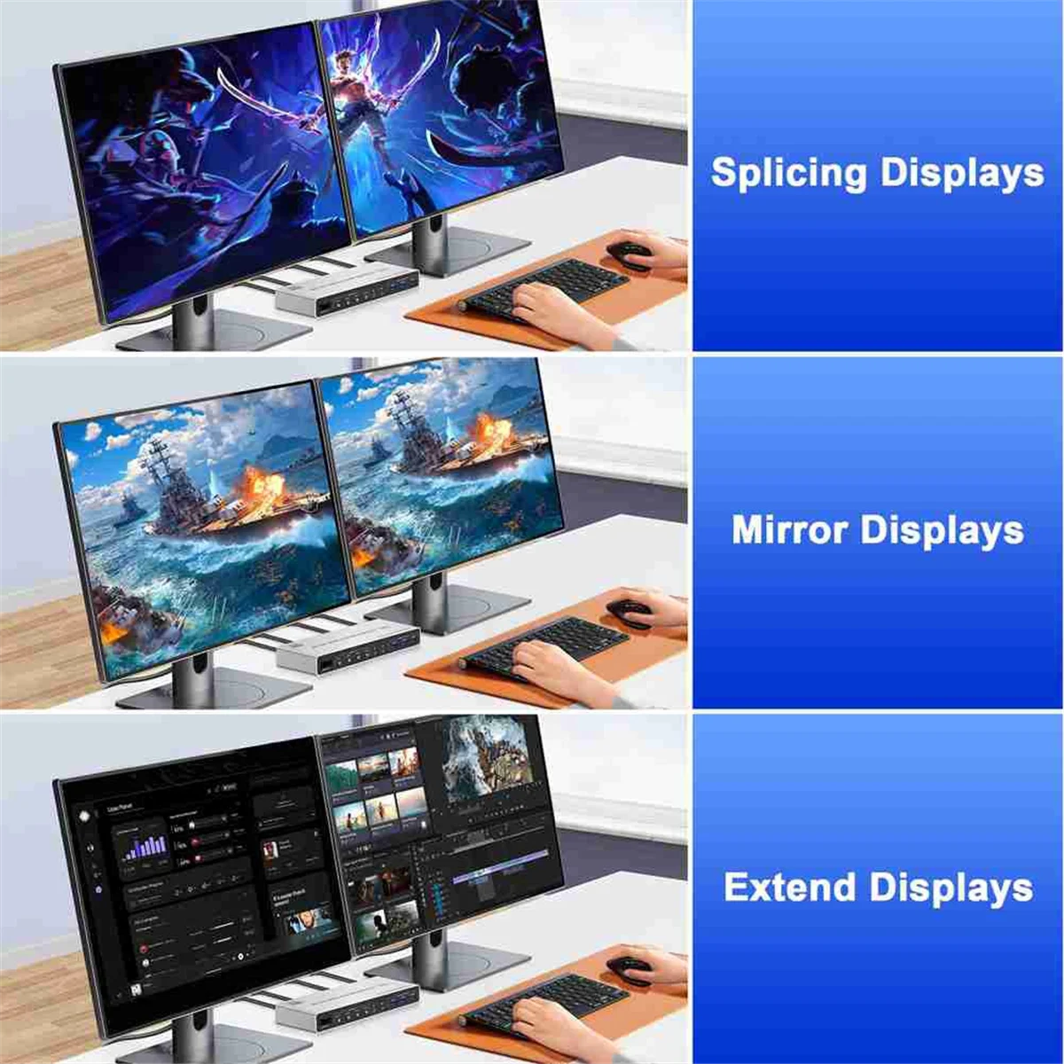 

M85K New 8K@60Hz USB3.0 Displayport KVM Switch 2 Monitors 4 Computers, 4 Port DP1.4 Dual Monitor DP KVM Switch with Audio US P