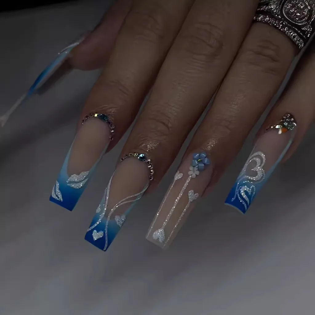 

Long water pipe manicure frosted blue gradient glitter pink heart flower wearable manicure finished product foreign trade manicure wholesale
