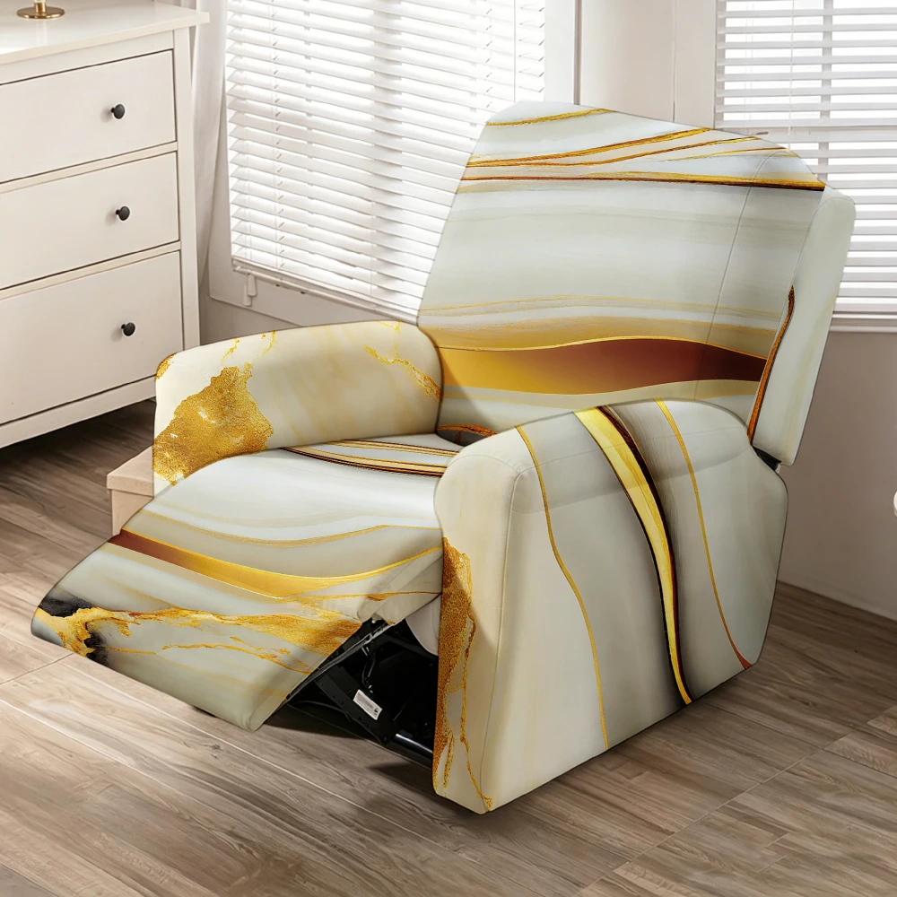 Cream White Gold Vein Marble Agate Recliner Slipcover Stretch Washable Luxury Glam Single Sofa Cover