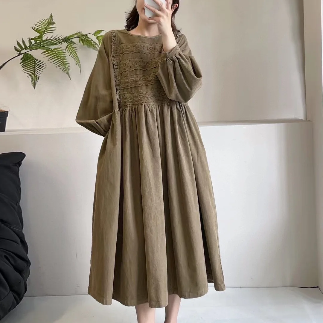 

Japanese Mori Girl Vintage Embroidery Corduroy Dress Women Autumn New O-Neck Long Sleeve Casual Loose A-line Midi Dresses