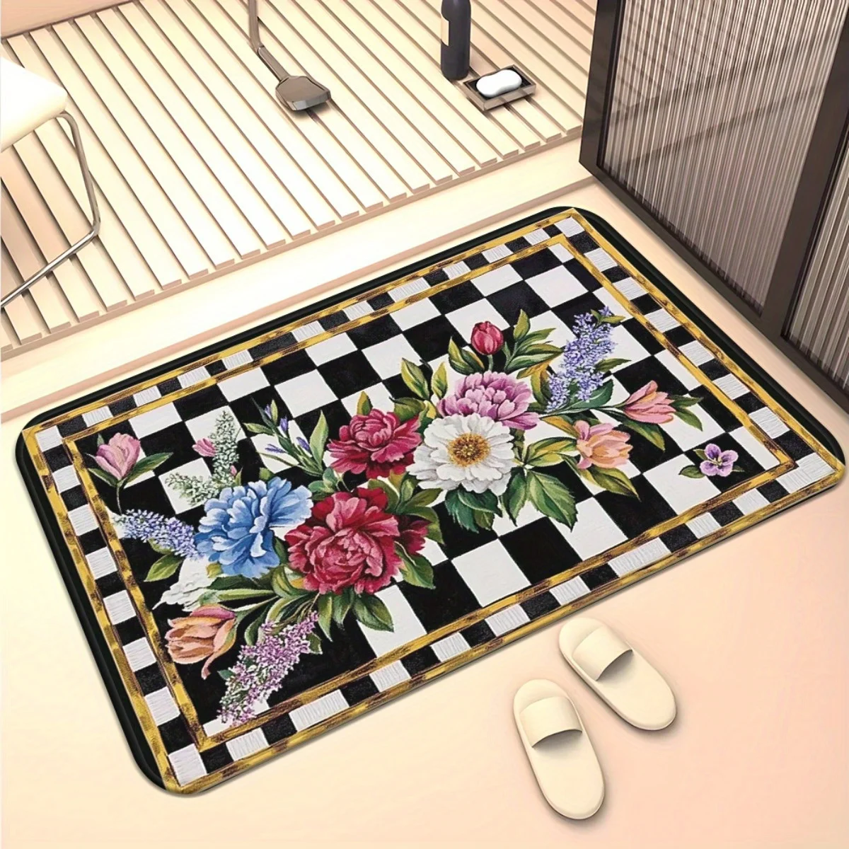 Peony Checkerboard Rectangle Door Mat Luxury Gold Frame Non-Slip Welcome Rug for Washroom Washstand Decor