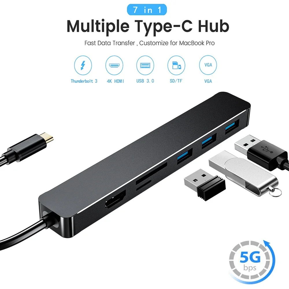 7 In 1 USB Hub USB3.0 Splitter Adapter Port Replicator Type C to VGA HD-MI SD/TF Card Reader 7-in-1 Expansion Dock Hub for PC