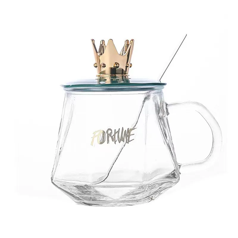 Good-looking Breakfast Cup Crown Water Cup Handle Glass Water Cup Coffee Cup with Spoon Girls Office Gift Cup