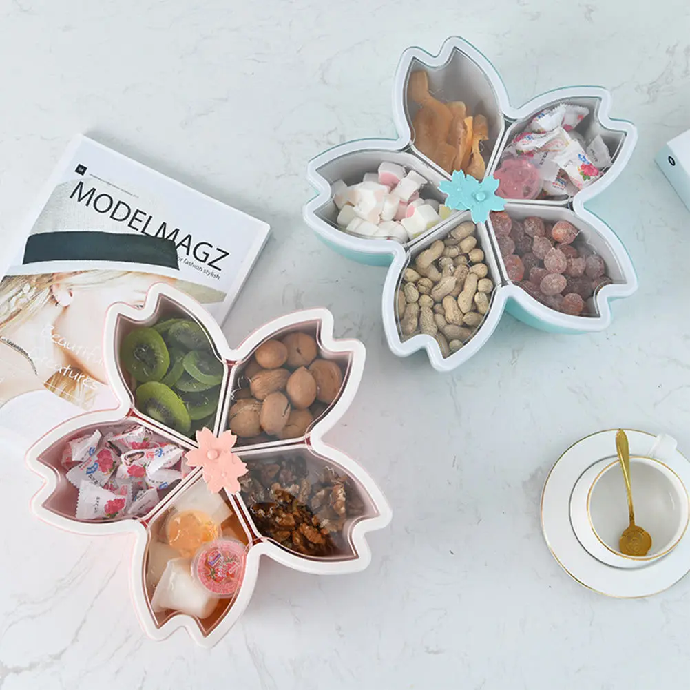 

1pc Snack Storage Box Pink Cherry Blossom Design Dried Fruit Holder With Cover Candy Case Food Tray Household Organizer