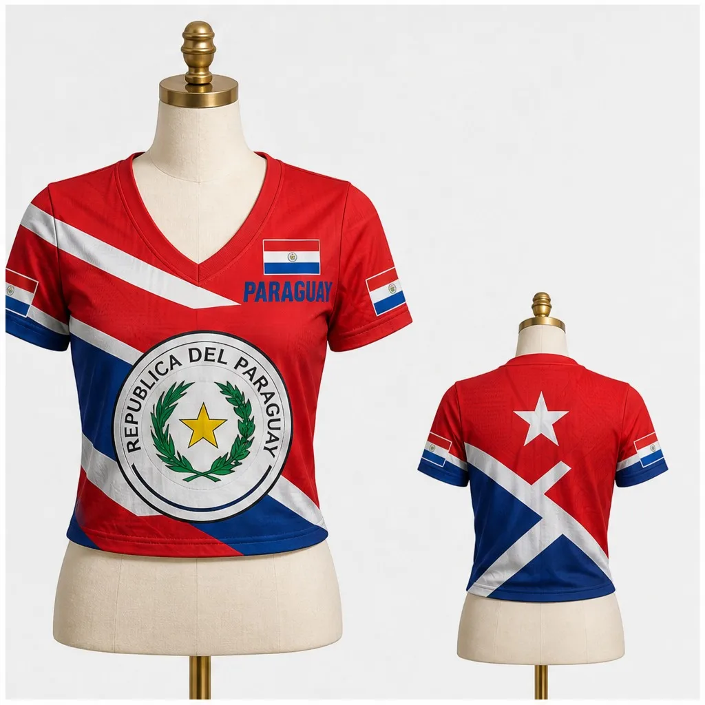 Womens Paraguay Laurel Seal V Neck Cropped Short Sleeve T Shirt Flag Graphic Casual Summer Streetwear Top For Modern Daily Wears