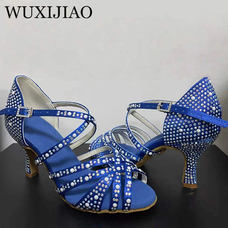 WUXIJIAO Women Blue Rhinestone Latin Dance Shoes Glitter Ankle Strap Heeled Sandals for Party Ballroom Salsa Tango