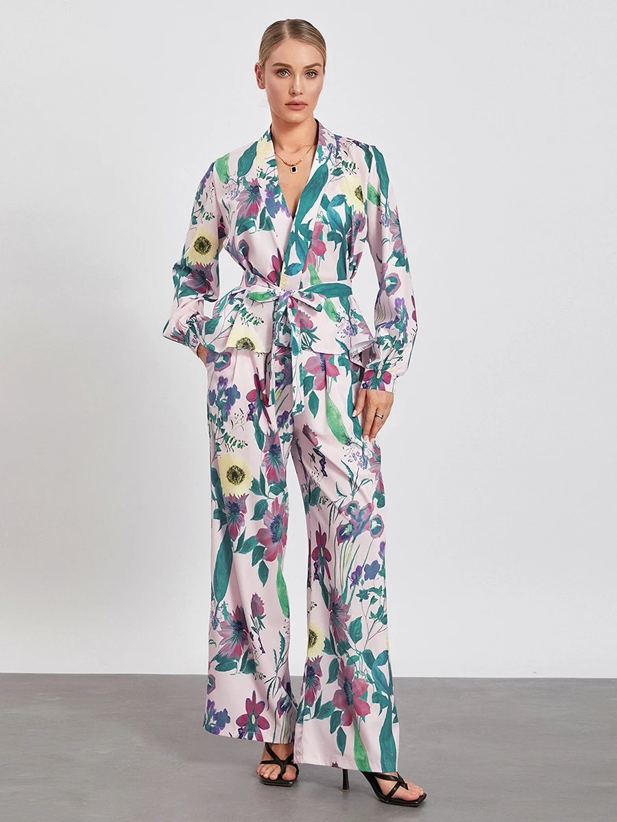 ชุดเสื้อผ้า2ชิ้นสำหรับผู้หญิงชุดเสื้อผ้า2ชิ้นเสื้อแขนยาวคอวีแขนโคมไฟพร้อมเข็มขัดกางเกงขาม้าพาลาซโซเลานจ์