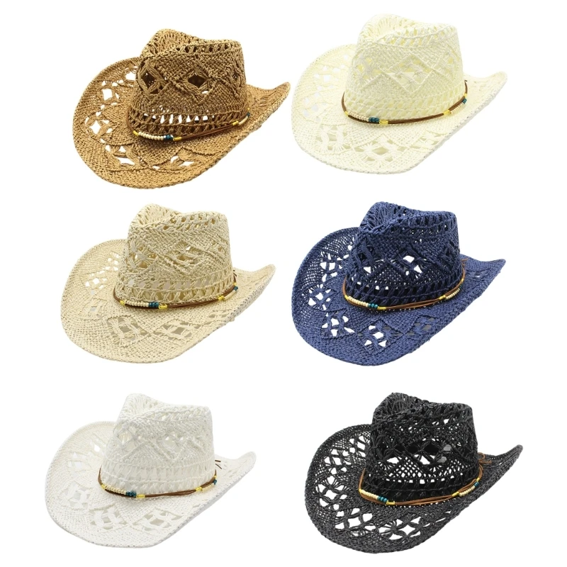 Lightweight Openwork Braided Sun Hat Wide Brimmed Paper Straw Cowboy Hats Summer Beach Accessories For Outdoor Travel