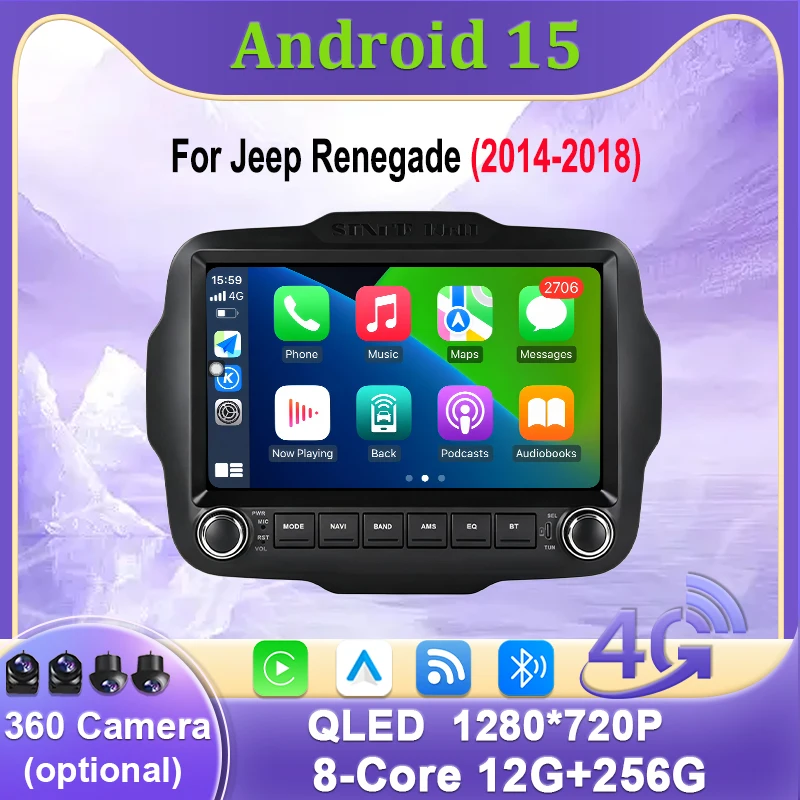 CarPlay 9' DSP Android 15 8 Core 12G+256G Car Player GPS Navigation Autoradio Multimedia Car Radio For Jeep Renegade 2014-2018