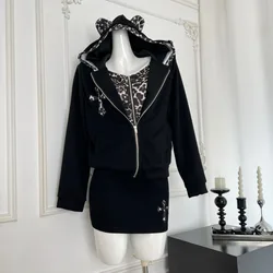 Leopard Printed Retro Streetwear Suits Fake Two Zipper Hoodies Black Mini Skirts 2 Piece Sets Spliced Harajuku Jackets For Women