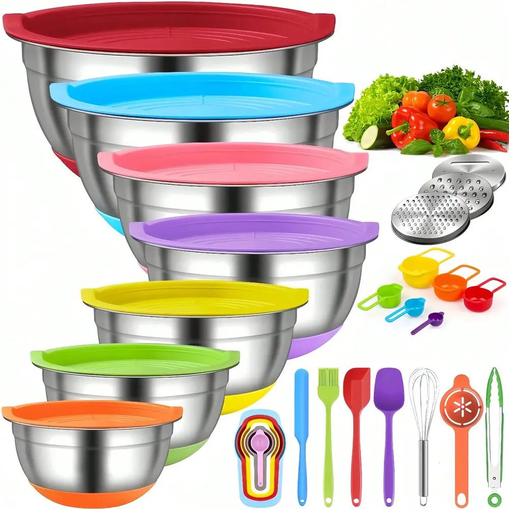 

Steel Mixing Bowls With Airtight Lids 23pcs Stainless Steel Metal Nesting Bowls NonSlip Silicone Bottom 6, 4, 3, 2.1,1.5,1,0.63