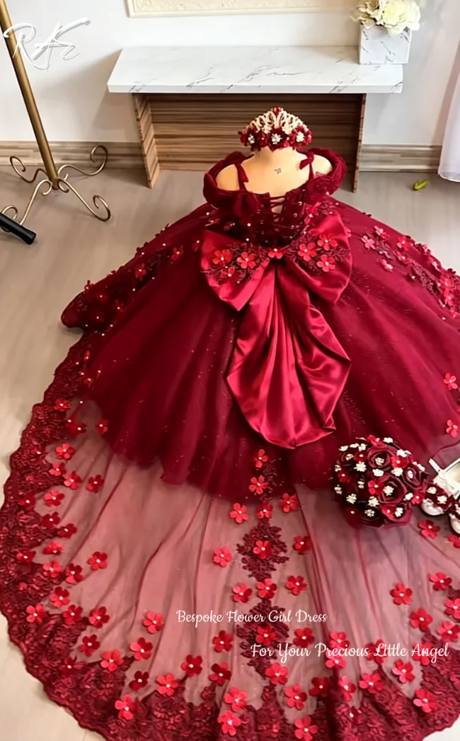 Burgundy 3D Floral Appliques Flower Girl Dress For Wedding Birthday Pageant A‑Line Floor Length Puffy Tulle Lace Gown