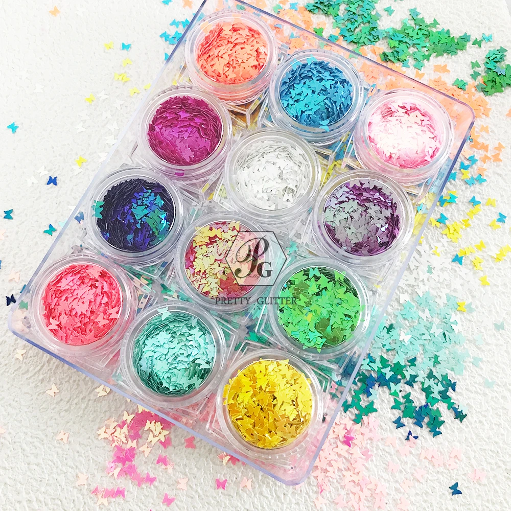 PrettyG 1 Set 12Color Box 4MM CR Butterfly Sequin Glitter Cute Color Shift Opal Nail Glitter For Resin DIY Nail Art Decoration