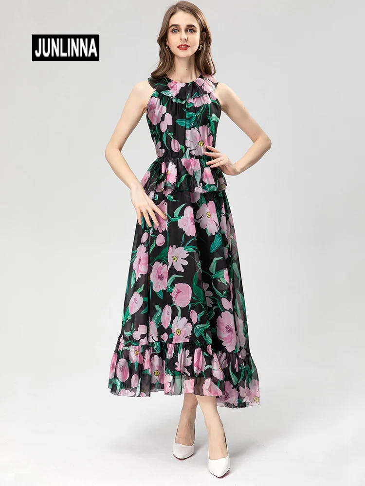 

JUNLINNA Fashion Designer Ruffles Dress Spring Summer Women Party Vacation Midi Vestidos Elegant Flower Printed Sliming