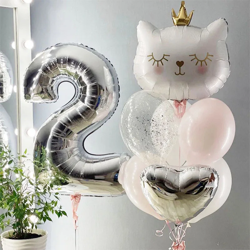 9pcs Silver Number Cat Foil Balloons 2nd Birthday Party Decorations Kids Girl Boy 1 2 3 4 5 6 7 8 9 Year Old Animal Supplies